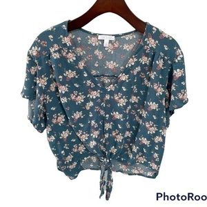 Abound Green Floral Tie Knot V-Neck Blouse